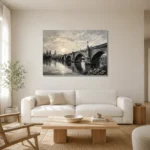 Luminous Historic Bridge Monochrome Wall Art Canvas Print styled in a refined neutral interior