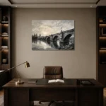 Luminous Historic Bridge Monochrome Wall Art Canvas Print displayed in a contemporary gallery-inspired room