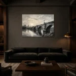 Luminous Historic Bridge Monochrome Wall Art Canvas Print shown in a warm modern interior