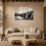 Luminous Historic Bridge Monochrome Wall Art Canvas Print presented in a sophisticated home setting
