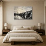 Luminous Historic Bridge Monochrome Wall Art Canvas Print showcased in an elegant minimalist interior