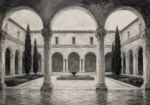 Serene Cloister Courtyard Monochrome Wall Art Canvas Print