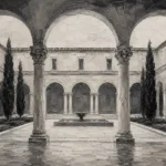 Serene Cloister Courtyard Monochrome Wall Art Canvas Print