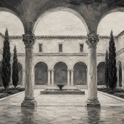 Serene Cloister Courtyard Monochrome Wall Art Canvas Print