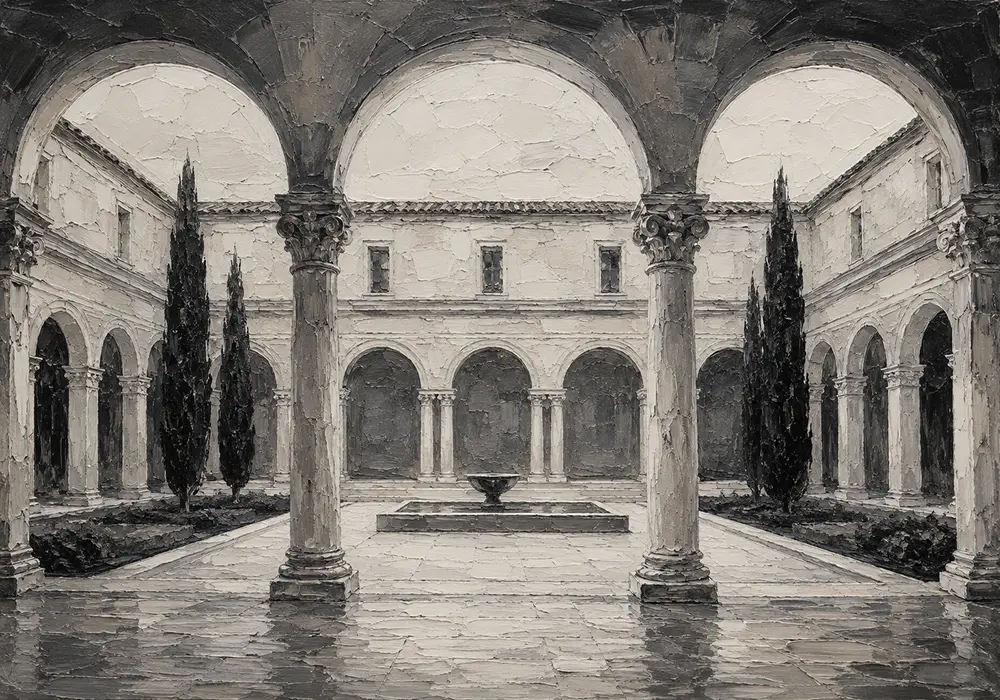 Serene Cloister Courtyard Monochrome Wall Art Canvas Print