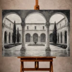 Serene Monochrome Wall Art print featuring a cloister courtyard with repeating arches and sculptural colonnades