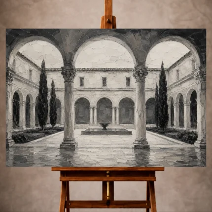 Serene Monochrome Wall Art print featuring a cloister courtyard with repeating arches and sculptural colonnades
