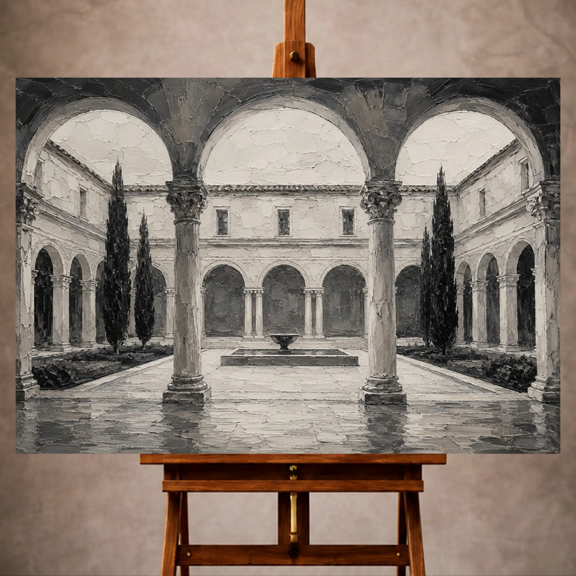 Premium Wall Art Yatay Html Edition – Monocrome075 Image 1 Serene Monochrome Wall Art print featuring a cloister courtyard with repeating arches and sculptural colonnades