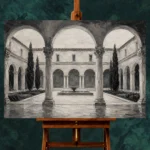 Serene Cloister Courtyard Monochrome Wall Art Canvas Print - Image 2