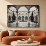 Serene Cloister Courtyard Monochrome Wall Art Canvas Print - Image 3