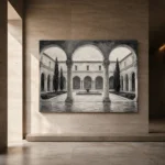 Serene Cloister Courtyard Monochrome Wall Art Canvas Print - Image 5