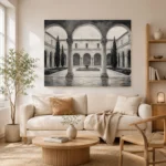 Serene Cloister Courtyard Monochrome Wall Art Canvas Print - Image 7