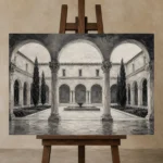 Serene Cloister Courtyard Monochrome Wall Art Canvas Print displayed on a studio easel