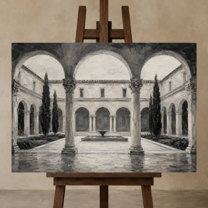 Serene Cloister Courtyard Monochrome Wall Art Canvas Print displayed on a studio easel