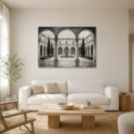 Serene Cloister Courtyard Monochrome Wall Art Canvas Print styled in a refined neutral interior