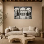 Serene Cloister Courtyard Monochrome Wall Art Canvas Print presented in a sophisticated home setting