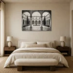 Serene Cloister Courtyard Monochrome Wall Art Canvas Print showcased in an elegant minimalist interior