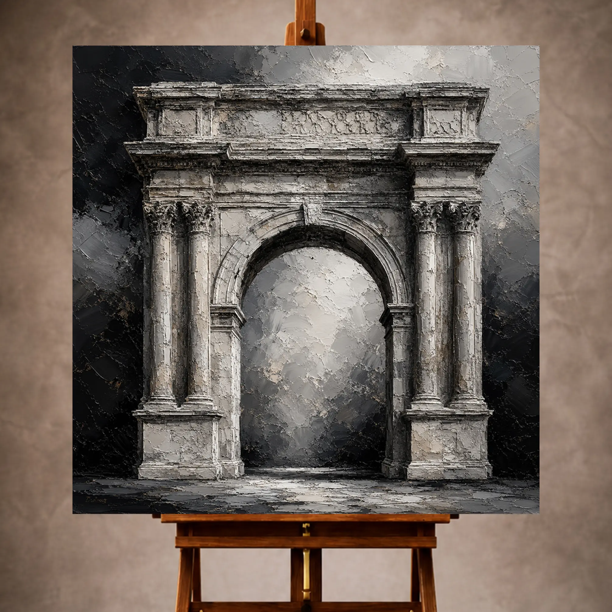 Premium Wall Art Kare Html Edition – Monocrome076 Image 1 Dramatic Monochrome Wall Art print featuring a weathered Roman-inspired stone arch for elegant interiors