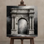 Dramatic Roman Arch Monochrome Wall Art Canvas Print displayed on a studio easel