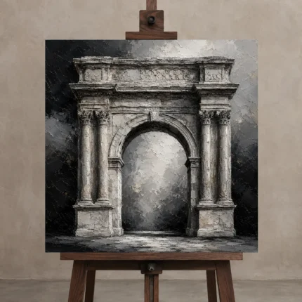 Dramatic Roman Arch Monochrome Wall Art Canvas Print shown in Studio Easel