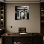 Dramatic Roman Arch Monochrome Wall Art Canvas Print displayed in a contemporary gallery-inspired room