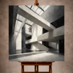 Geometric Monochrome Wall Art print featuring a soaring concrete atrium with beams, skylights, and bold shadows