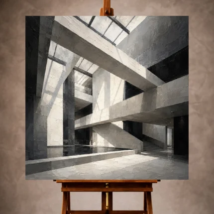 Geometric Monochrome Wall Art print featuring a soaring concrete atrium with beams, skylights, and bold shadows
