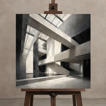 Geometric Atrium Monochrome Wall Art Canvas Print shown in Studio Easel