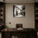 Geometric Atrium Monochrome Wall Art Canvas Print displayed in a contemporary gallery-inspired room