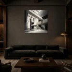 Geometric Atrium Monochrome Wall Art Canvas Print shown in a warm modern interior