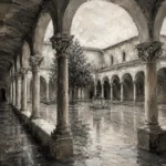 Tranquil Cloister Courtyard Monochrome Wall Art Canvas Print