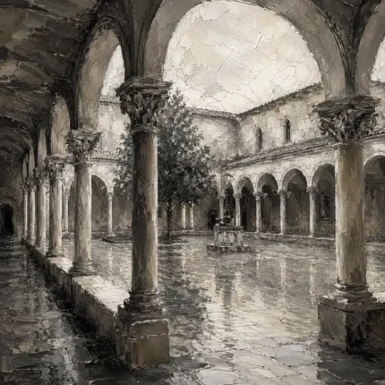 Tranquil Cloister Courtyard Monochrome Wall Art Canvas Print