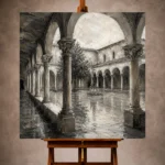 Tranquil Monochrome Wall Art print featuring a historic cloister with repeating arcades and a reflective stone courtyard