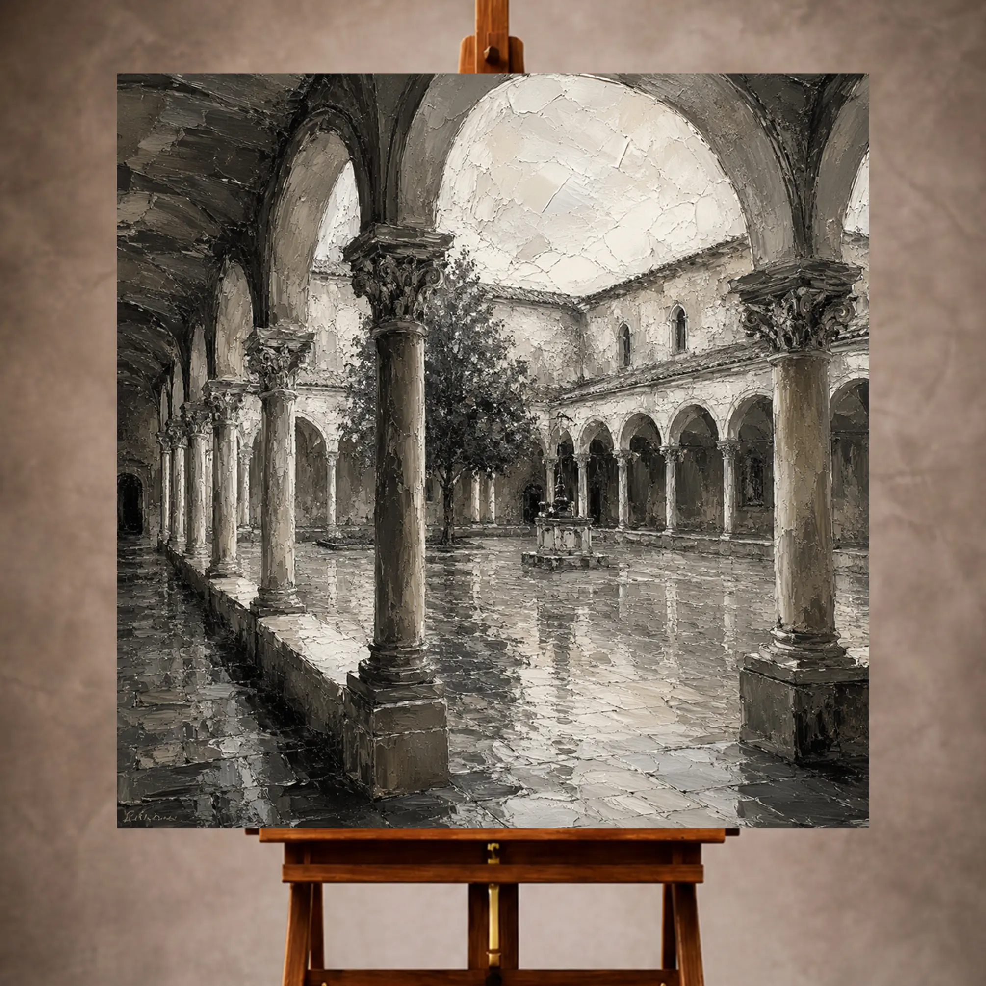 Premium Wall Art Kare Html Edition – Monocrome078 Image 1 Tranquil Monochrome Wall Art print featuring a historic cloister with repeating arcades and a reflective stone courtyard