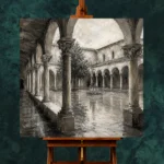 Tranquil Cloister Courtyard Monochrome Wall Art Canvas Print - Image 2