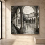 Tranquil Cloister Courtyard Monochrome Wall Art Canvas Print - Image 3