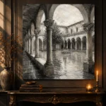 Tranquil Cloister Courtyard Monochrome Wall Art Canvas Print - Image 4