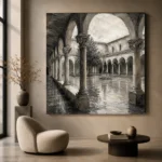 Tranquil Cloister Courtyard Monochrome Wall Art Canvas Print - Image 6