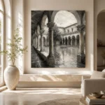 Tranquil Cloister Courtyard Monochrome Wall Art Canvas Print - Image 8