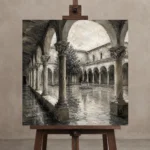 Tranquil Cloister Courtyard Monochrome Wall Art Canvas Print displayed on a studio easel