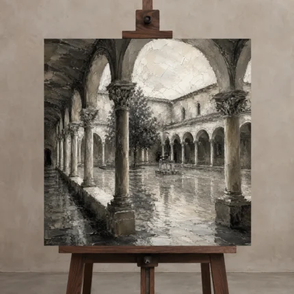 Tranquil Cloister Courtyard Monochrome Wall Art Canvas Print displayed on a studio easel