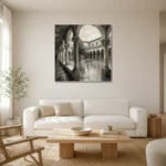 Tranquil Cloister Courtyard Monochrome Wall Art Canvas Print styled in a refined neutral interior