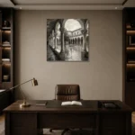 Tranquil Cloister Courtyard Monochrome Wall Art Canvas Print displayed in a contemporary gallery-inspired room