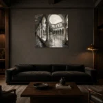 Tranquil Cloister Courtyard Monochrome Wall Art Canvas Print shown in a warm modern interior