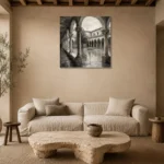 Tranquil Cloister Courtyard Monochrome Wall Art Canvas Print presented in a sophisticated home setting