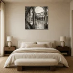 Tranquil Cloister Courtyard Monochrome Wall Art Canvas Print showcased in an elegant minimalist interior