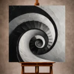 Dramatic Monochrome Wall Art print featuring a spiral staircase with sculptural curves and cast shadows for elegant interiors