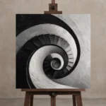 Dramatic Spiral Staircase Monochrome Wall Art Canvas Print displayed on a studio easel