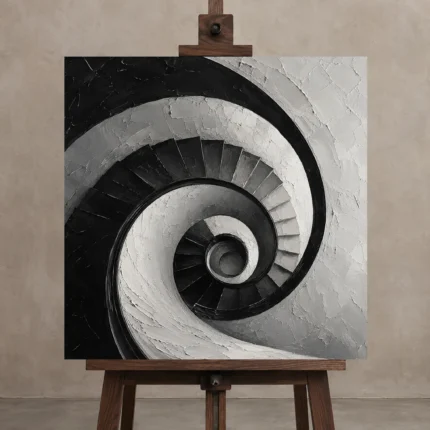 Dramatic Spiral Staircase Monochrome Wall Art Canvas Print shown in Studio Easel