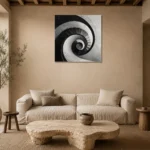 Dramatic Spiral Staircase Monochrome Wall Art Canvas Print presented in a sophisticated home setting